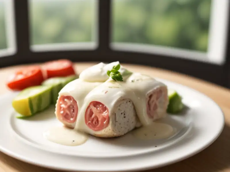 Chicken roulades with mozzarella, pesto, and Black Forest ham