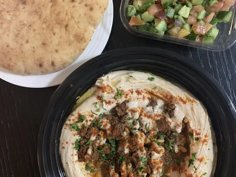 hummus, a dip made from mashed chickpeas
