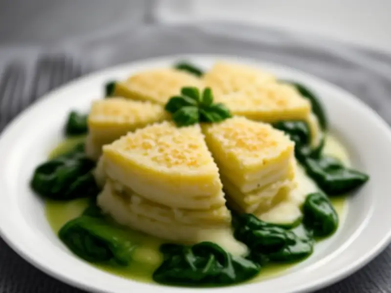 White asparagus, spinach and Parmesan gratin